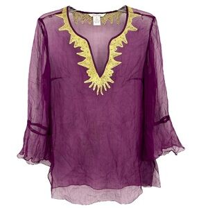 ZBD Design Embroidered silk witchy fairy grunge Sheer Purple Gold Blouse SZ M